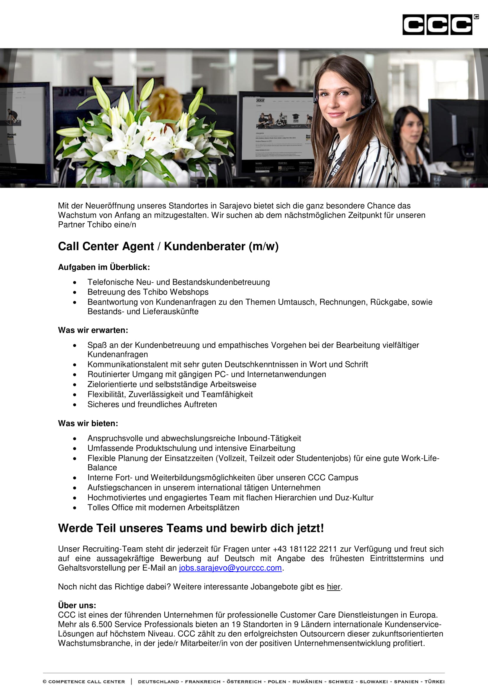 Call Center Agent / Kundenberater (m/w) - CCC Holding GmbH Call Center Agent / Kundenberater (m/w)