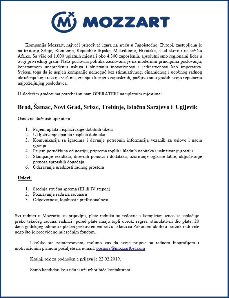 Operateri na uplatnim mjestima (m/ž) - Mozzart d.o.o. Operateri na uplatnim mjestima (m/ž)