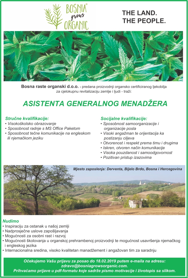 Asistent generalnog menadžera (m/ž) - Bosna raste organski/Bosnia grows organic d.o.o. Asistent generalnog menadžera (m/ž)