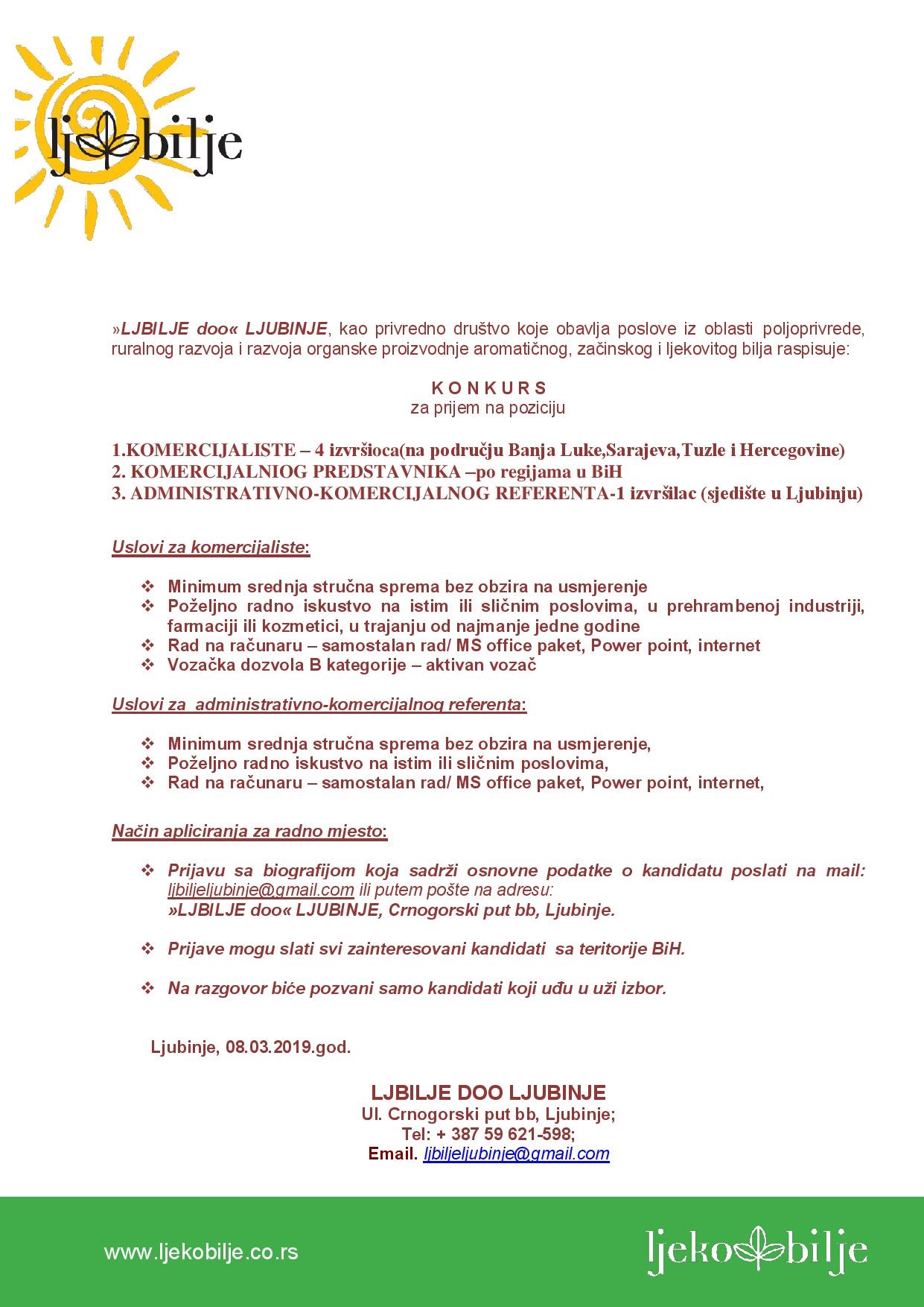 Komercijalisti (m/ž) - LJBILJE d.o.o. Ljubinje Komercijalisti (m/ž)