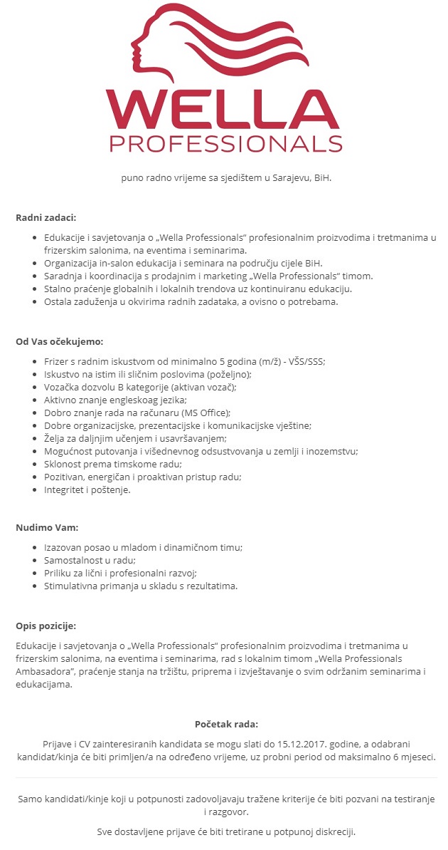 Edukator za WELLA Professionals (m/ž) - ORBICO d.o.o. Sarajevo Edukator za WELLA Professionals (m/ž)