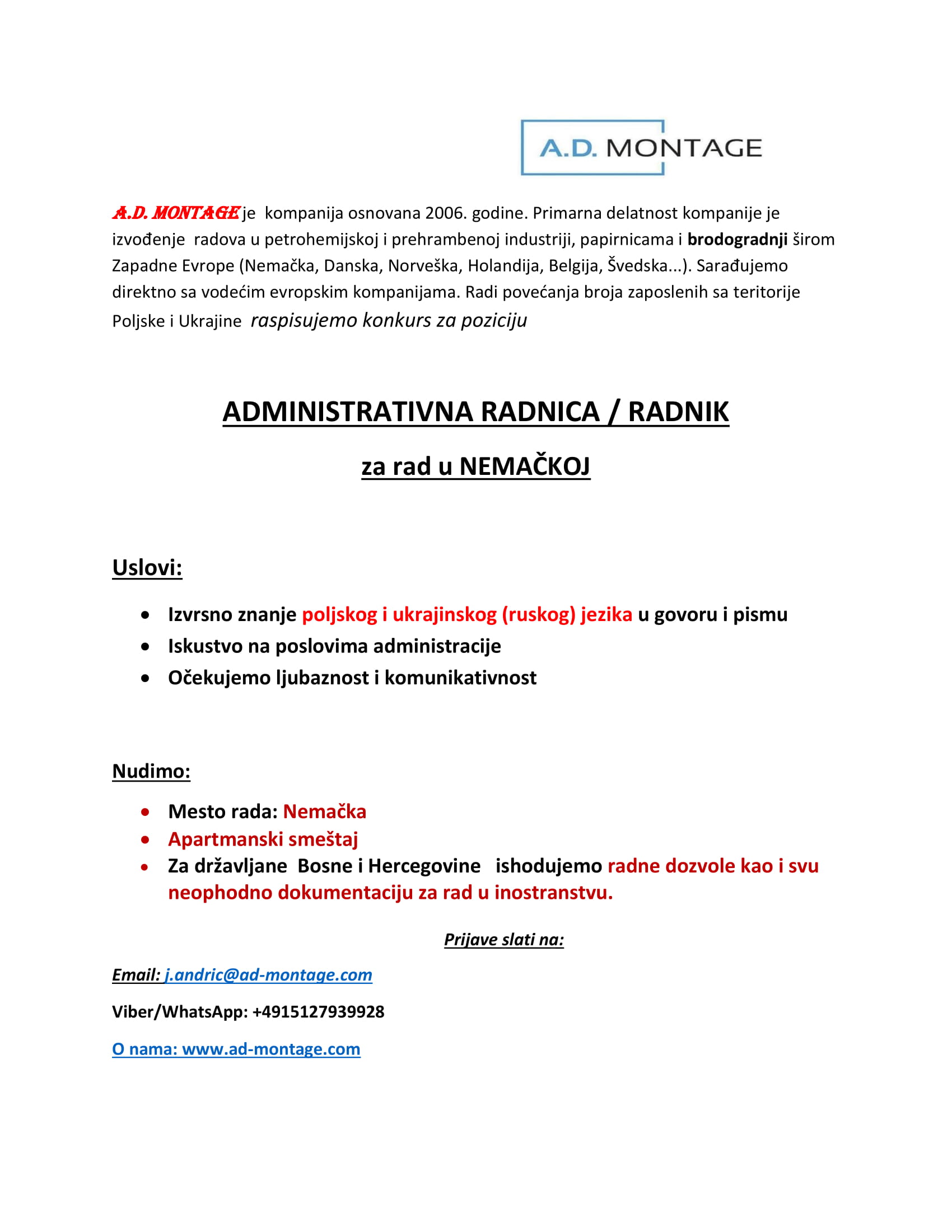 Administrativna radnica/radnik - A.D. Montage d.o.o. Administrativna radnica/radnik