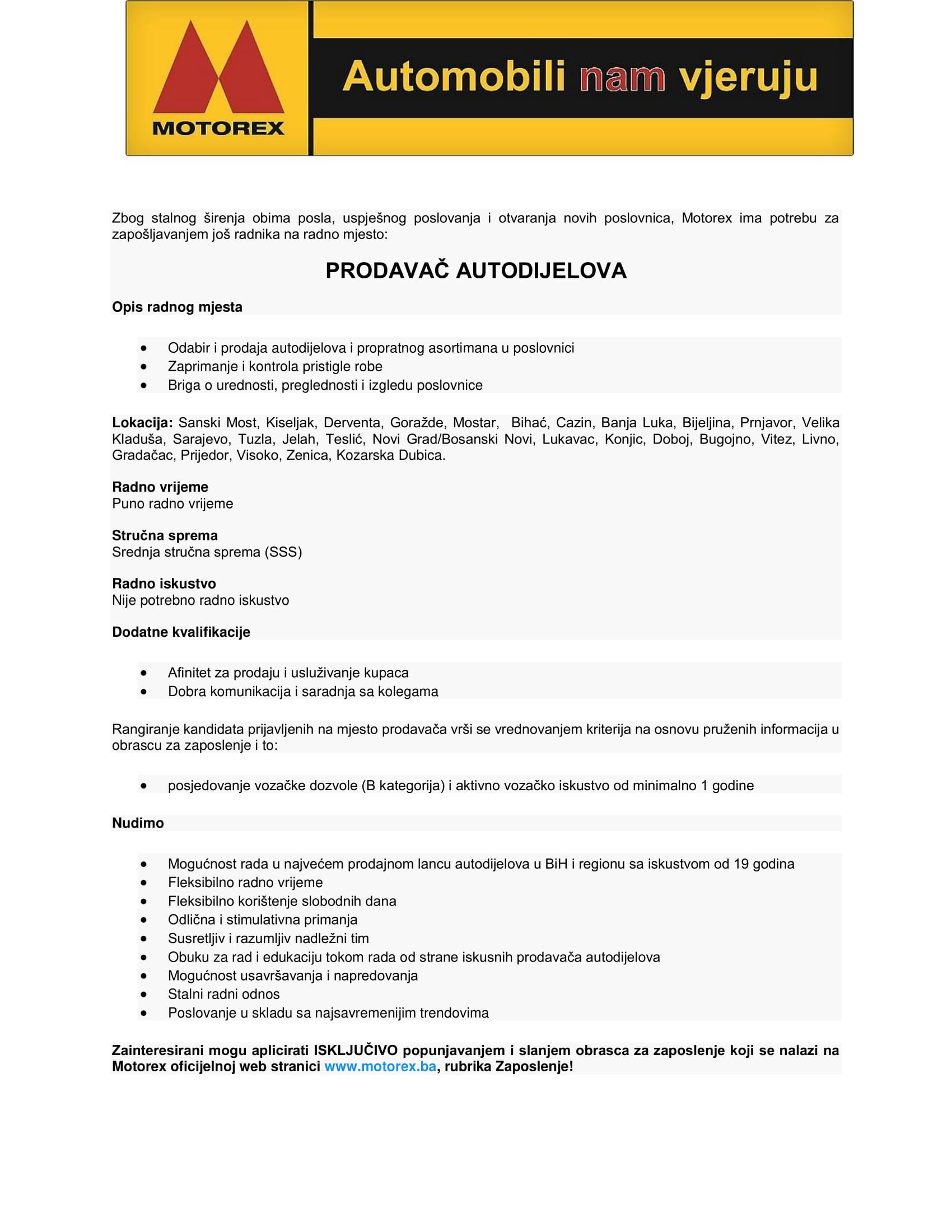 Prodavač autodijelova (m/ž)