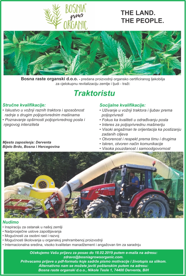 Traktorista (m/ž) - Bosna raste organski/Bosnia grows organic d.o.o. Traktorista (m/ž)