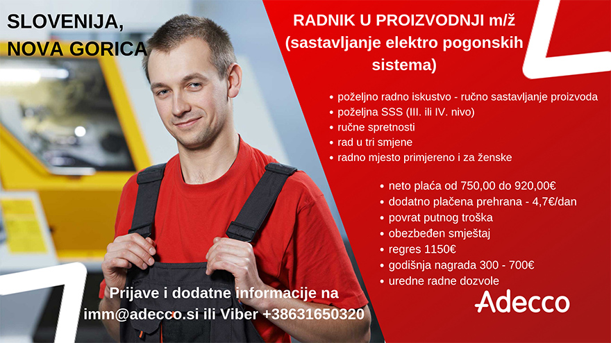 Radnik u proizvodnji - sastavljanje elektro pogonskih sistema (m/ž)