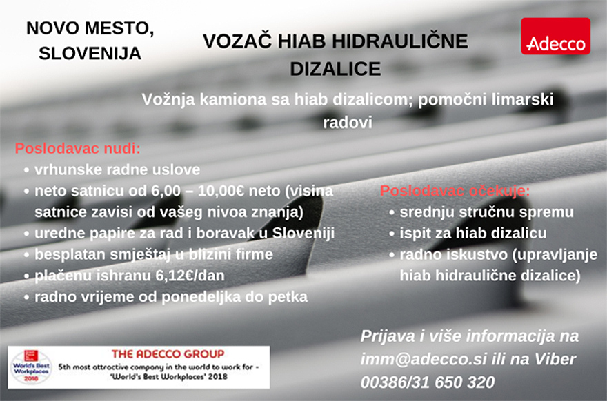 Vozač HIAB hidraulične dizalice (m/ž) - ADECCO H.R. d.o.o. Vozač HIAB hidraulične dizalice (m/ž)