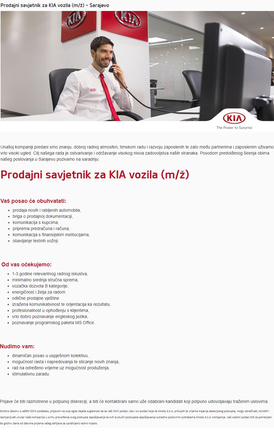 Prodajni savjetnik za KIA vozila (m/ž) - Kia Centar Prodajni savjetnik za KIA vozila (m/ž)