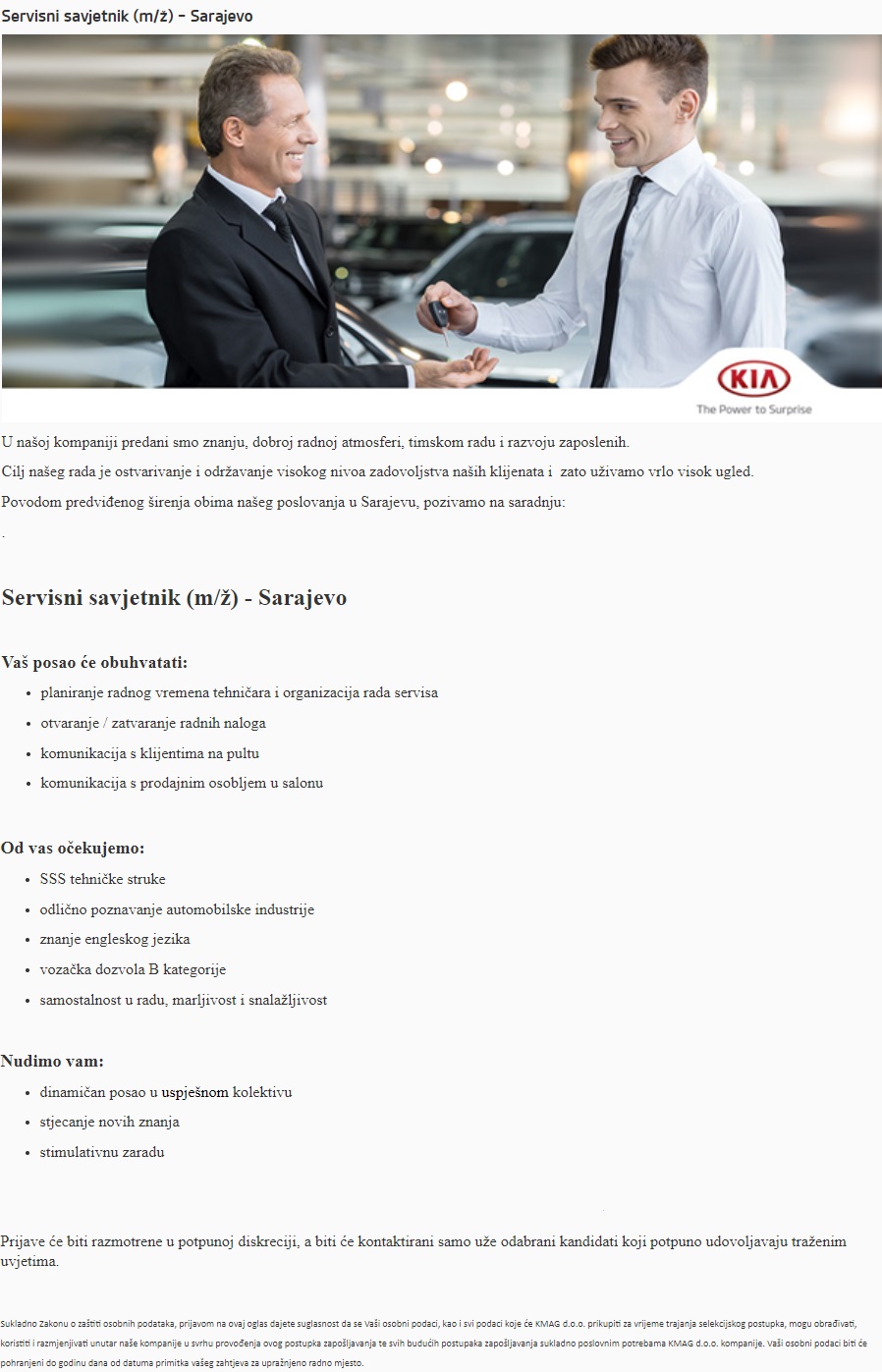 Servisni savjetnik (m/ž) - Kia Centar Servisni savjetnik (m/ž)