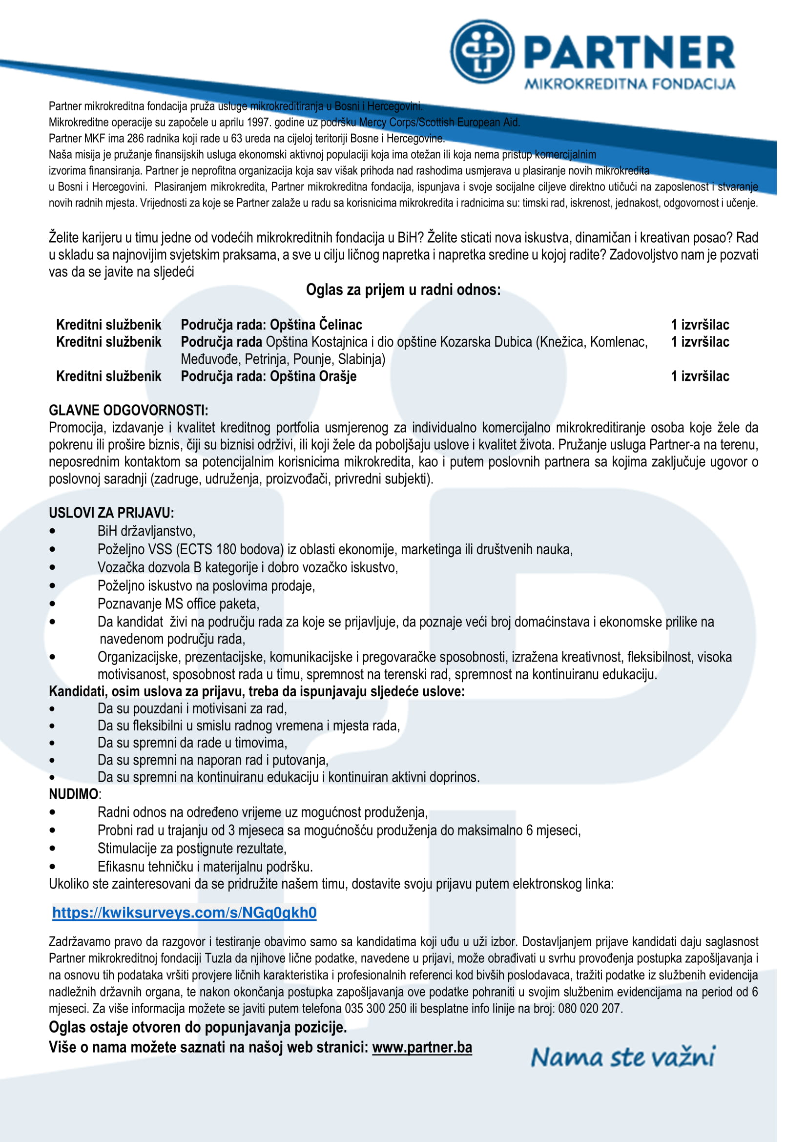 Kreditni službenik (m/ž) - Mikrokreditna fondacija Partner Kreditni službenik (m/ž)