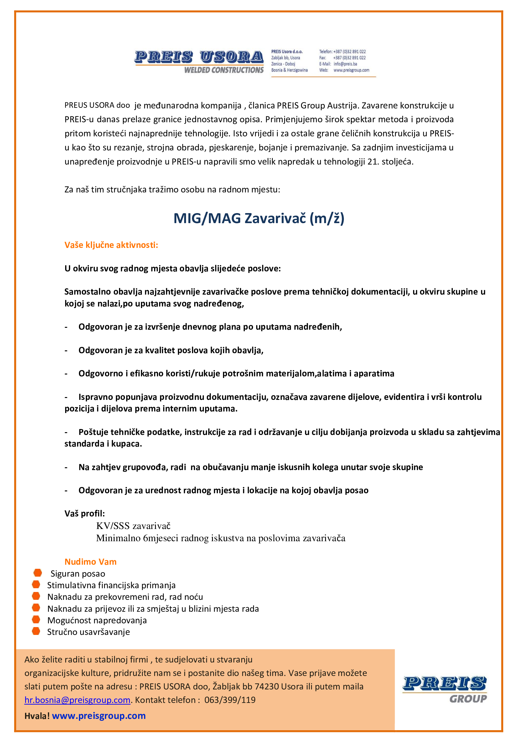 MIG/MAG zavarivač (m/ž) - Preis Usora d.o.o. MIG/MAG zavarivač (m/ž)