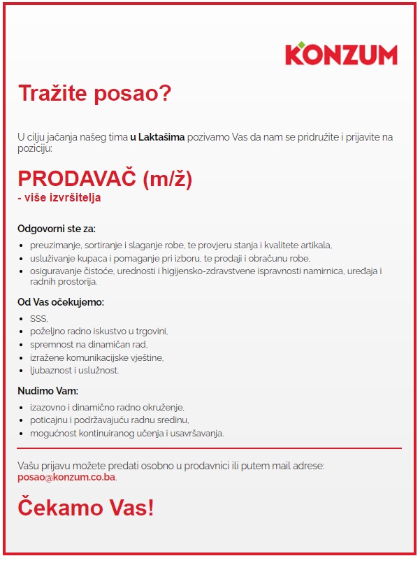 Prodavač (m/ž) - Konzum d.o.o. Prodavač (m/ž)