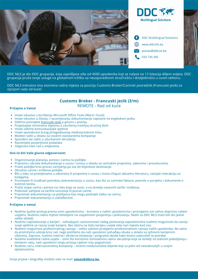 Customs Broker za francuski jezik (ž/m) - DDC MLS d.o.o. Sarajevo Customs Broker za francuski jezik (ž/m)