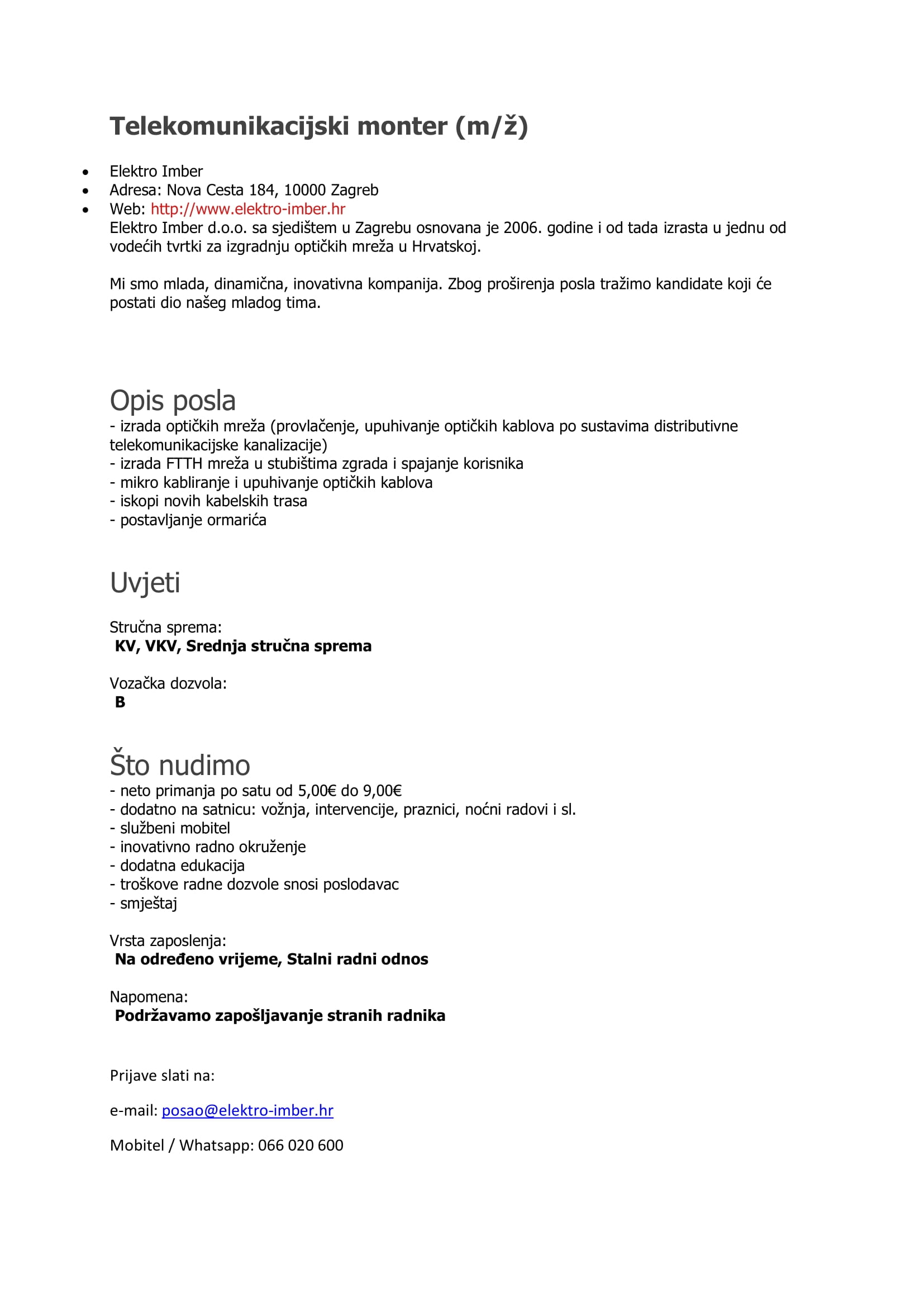 Telekomunikacijski monter (m/ž) - ELEKTRO IMBER d.o.o. Telekomunikacijski monter (m/ž)