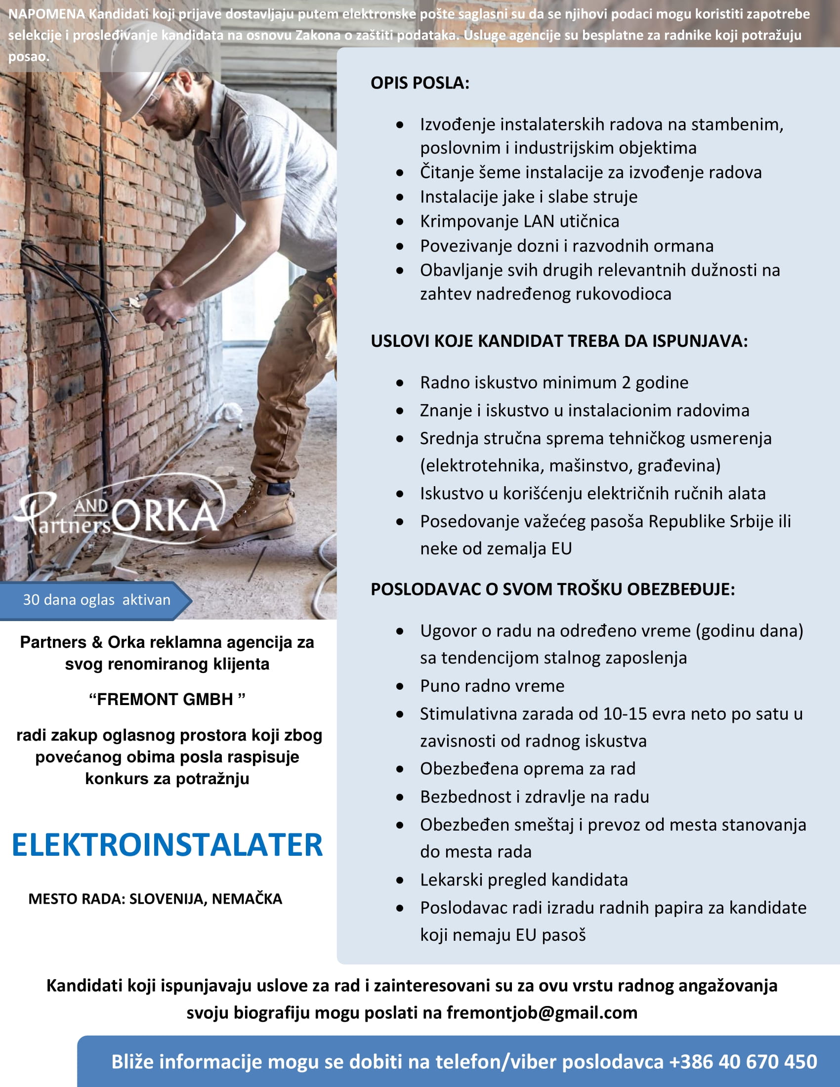 Elektroinstalater (m/ž) - PARTNERS&ORKA DOO Elektroinstalater (m/ž)