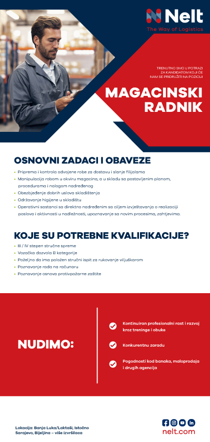 Magacinski radnik (m/ž) - Nelt d.o.o. Magacinski radnik (m/ž)
