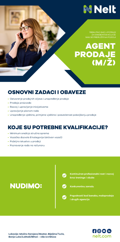 Agent prodaje (m/ž) - Nelt d.o.o. Agent prodaje (m/ž)
