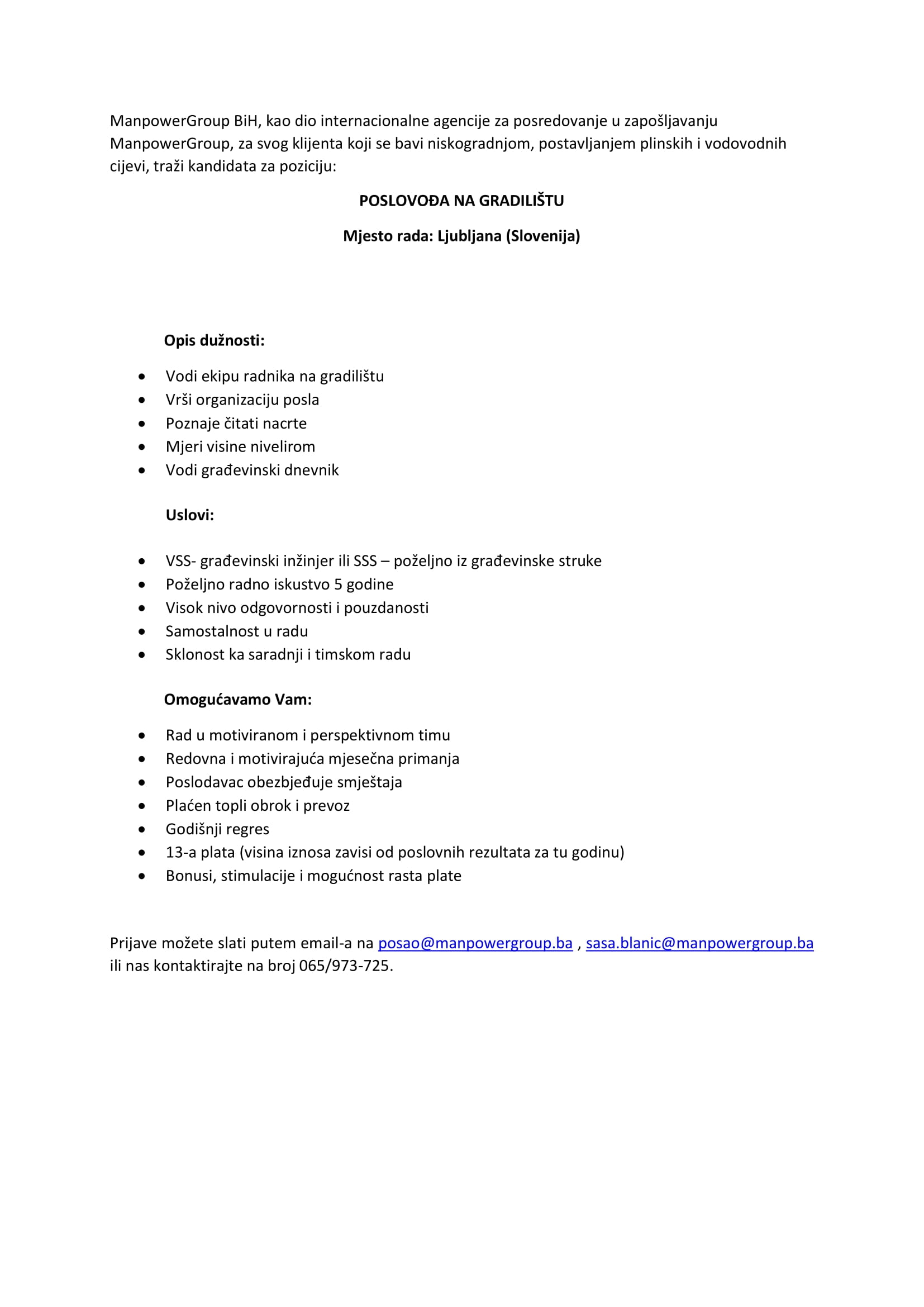 Poslovođa na gradilištu (m/ž) - ManpowerGroup BiH Poslovođa na gradilištu (m/ž)