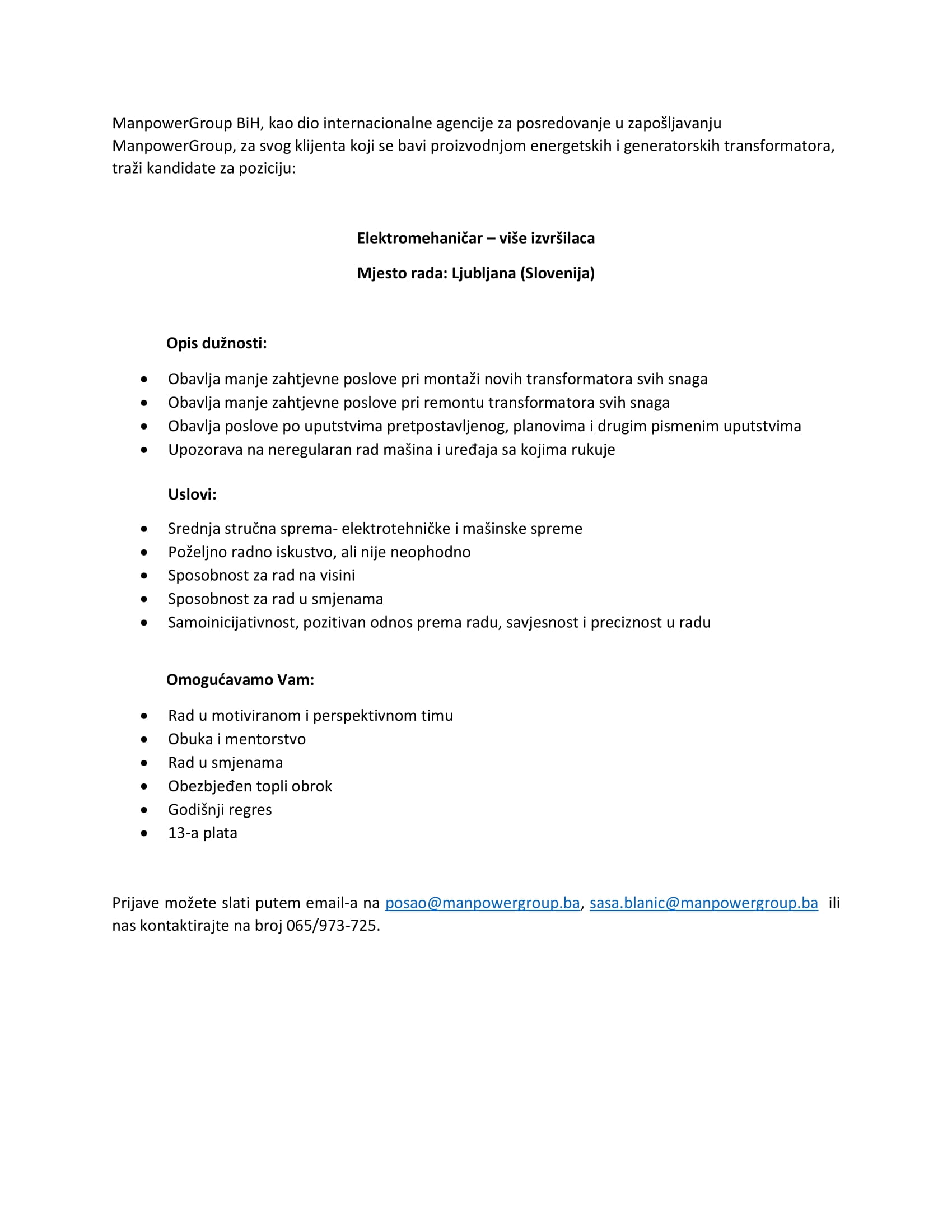 Elektromehaničar (m/ž) - ManpowerGroup BiH Elektromehaničar (m/ž)