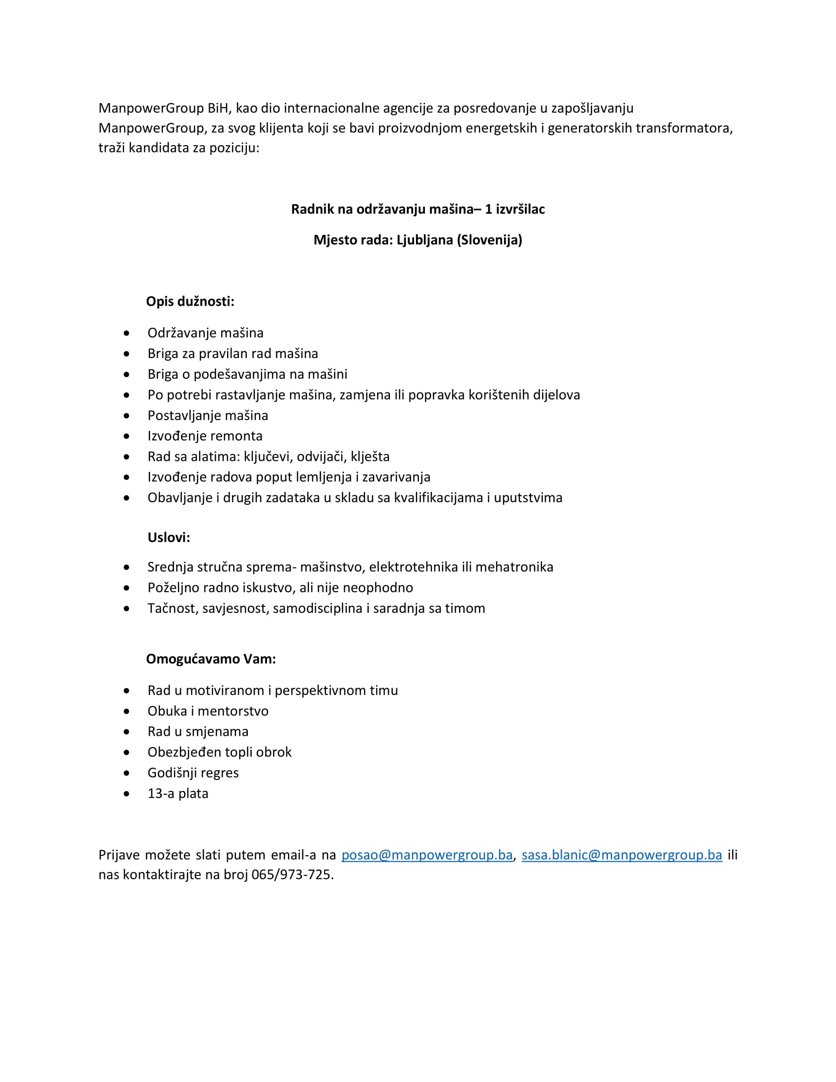 Radnik na održavanju mašina (m/ž) - ManpowerGroup BiH Radnik na održavanju mašina (m/ž)