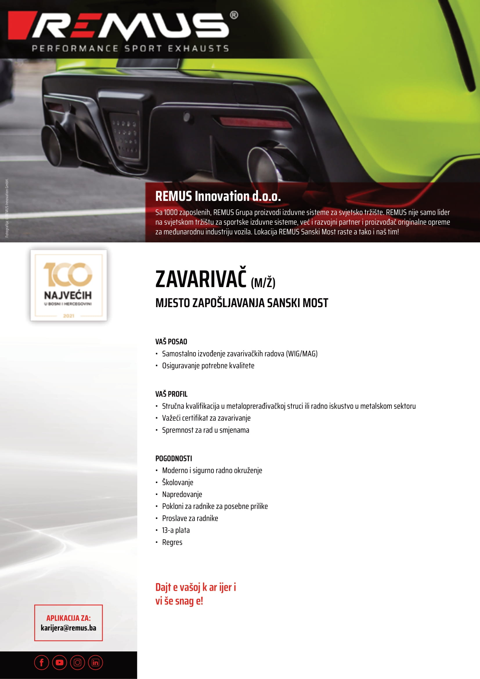 Zavarivač (m/ž) - Remus Innovation d.o.o. Zavarivač (m/ž)