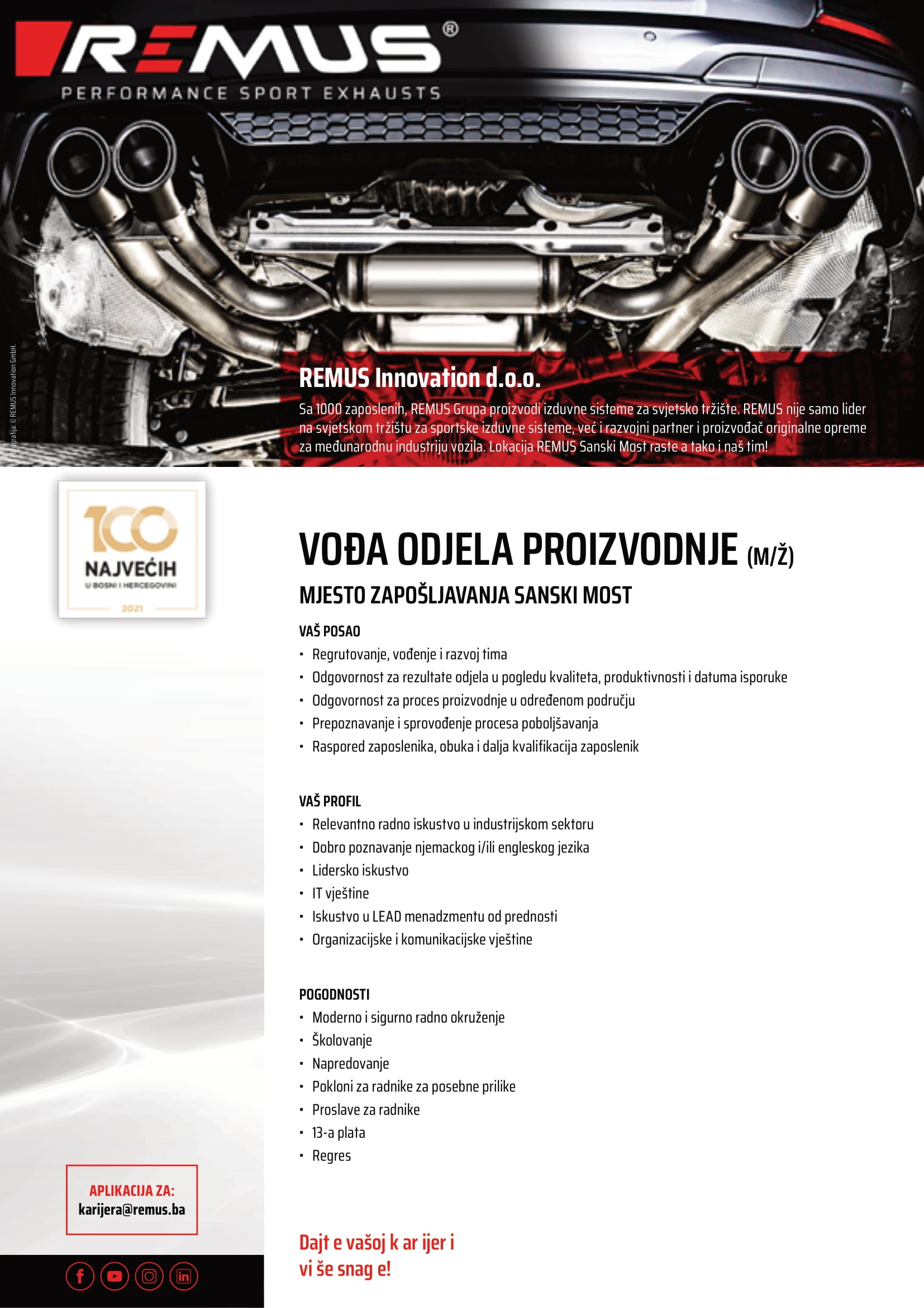 Vođa odjela proizvodnje (m/ž) - Remus Innovation d.o.o. Vođa odjela proizvodnje (m/ž)