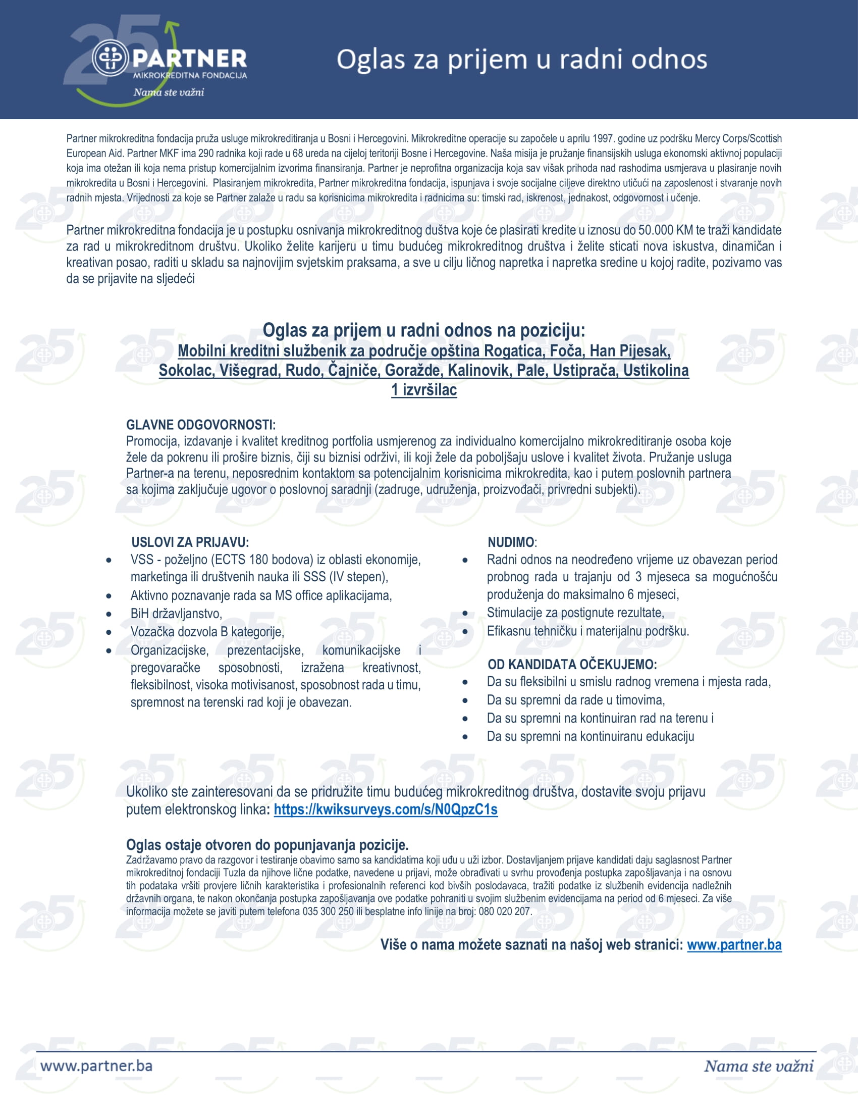 Mobilni kreditni službenik (m/ž) - Mikrokreditna fondacija Partner Mobilni kreditni službenik (m/ž)