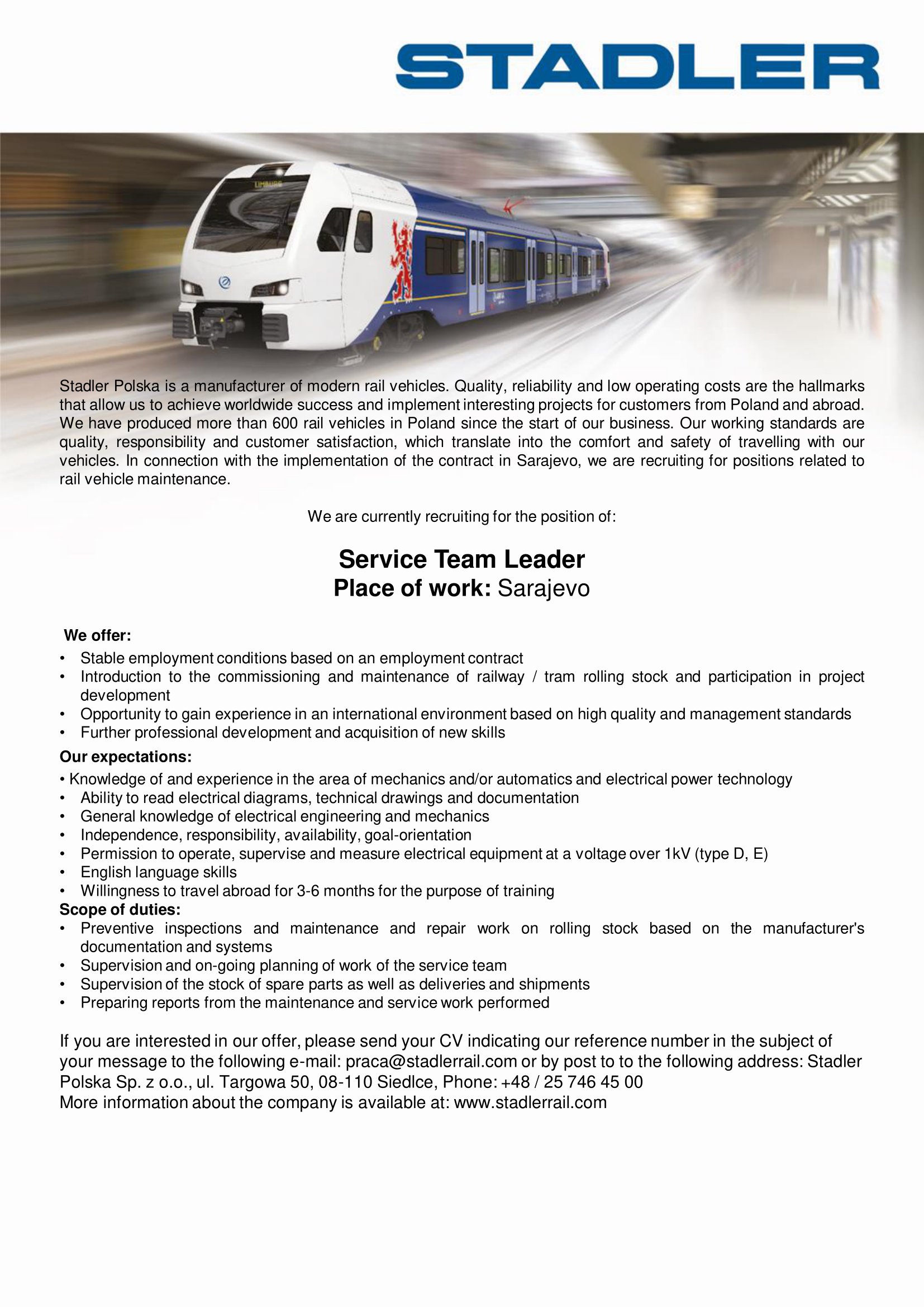Service Team Leader - Stadler Polska Sp. z o.o. Service Team Leader