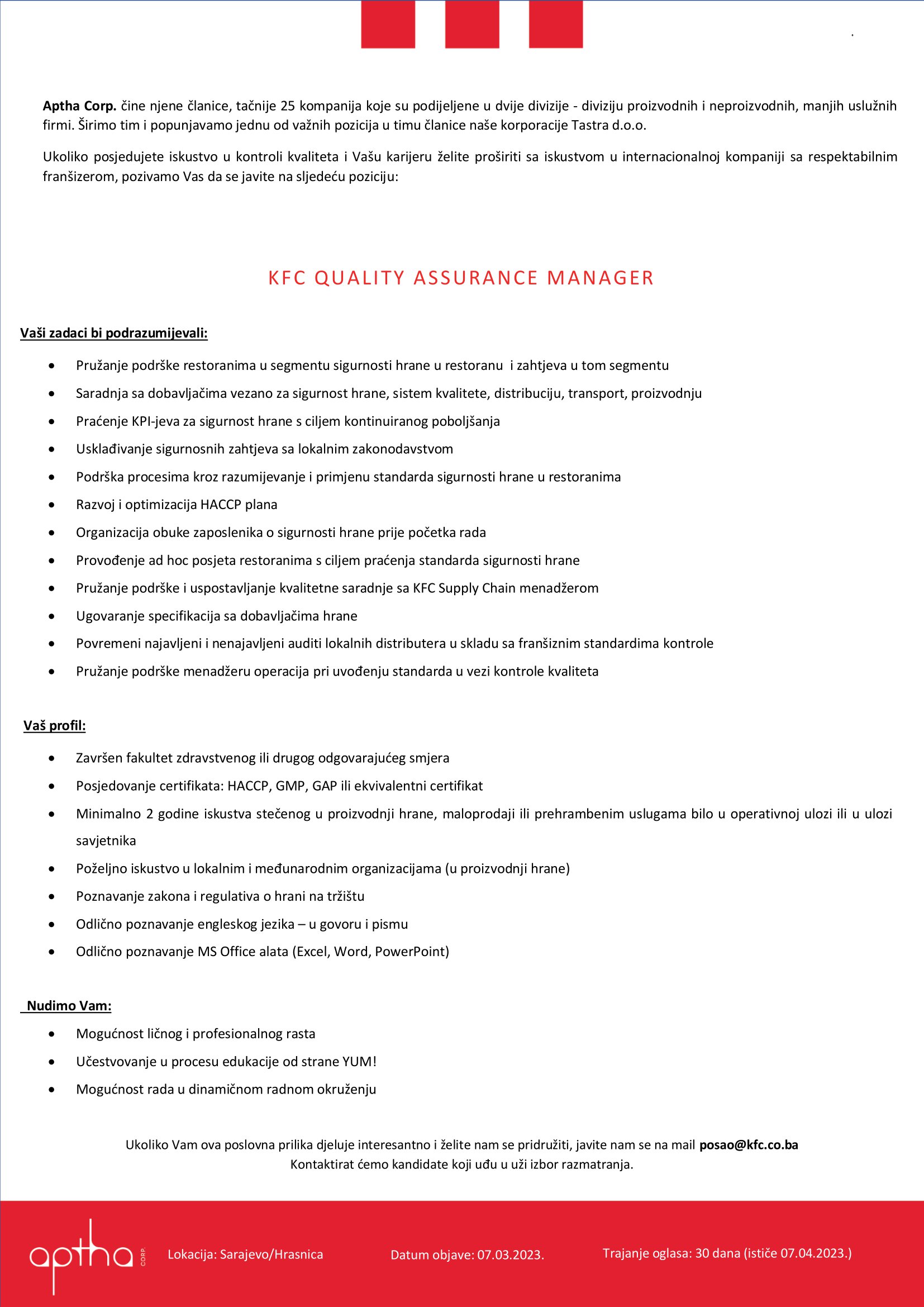 KFC Quality Assurance Manager - Tastra d.o.o. KFC Quality Assurance Manager