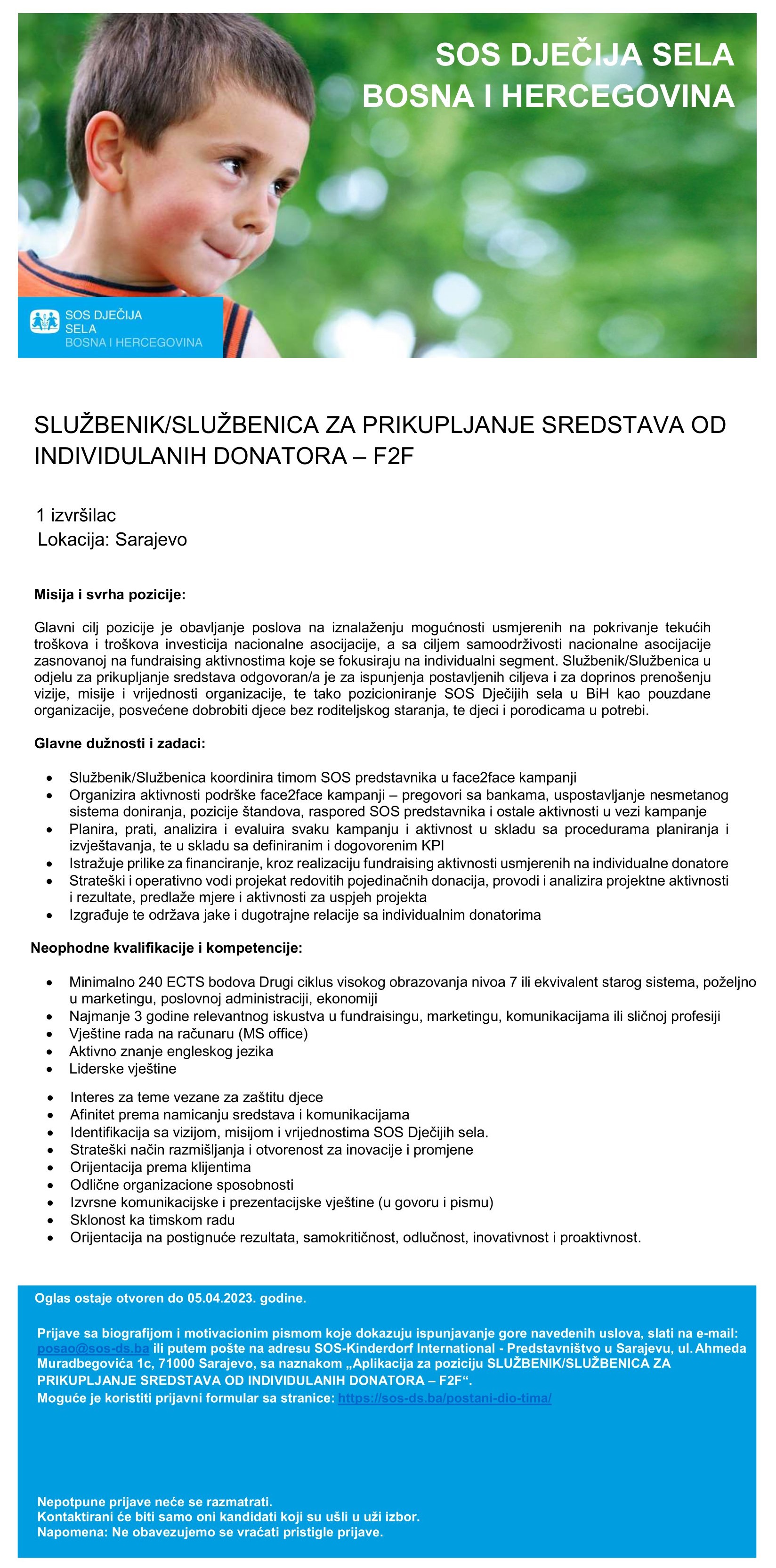 Službenik/službenica za prikupljanje sredstava od individulanih donatora – F2F - SOS - Kinderdorf International Službenik/službenica za prikupljanje sredstava od individulanih donatora – F2F