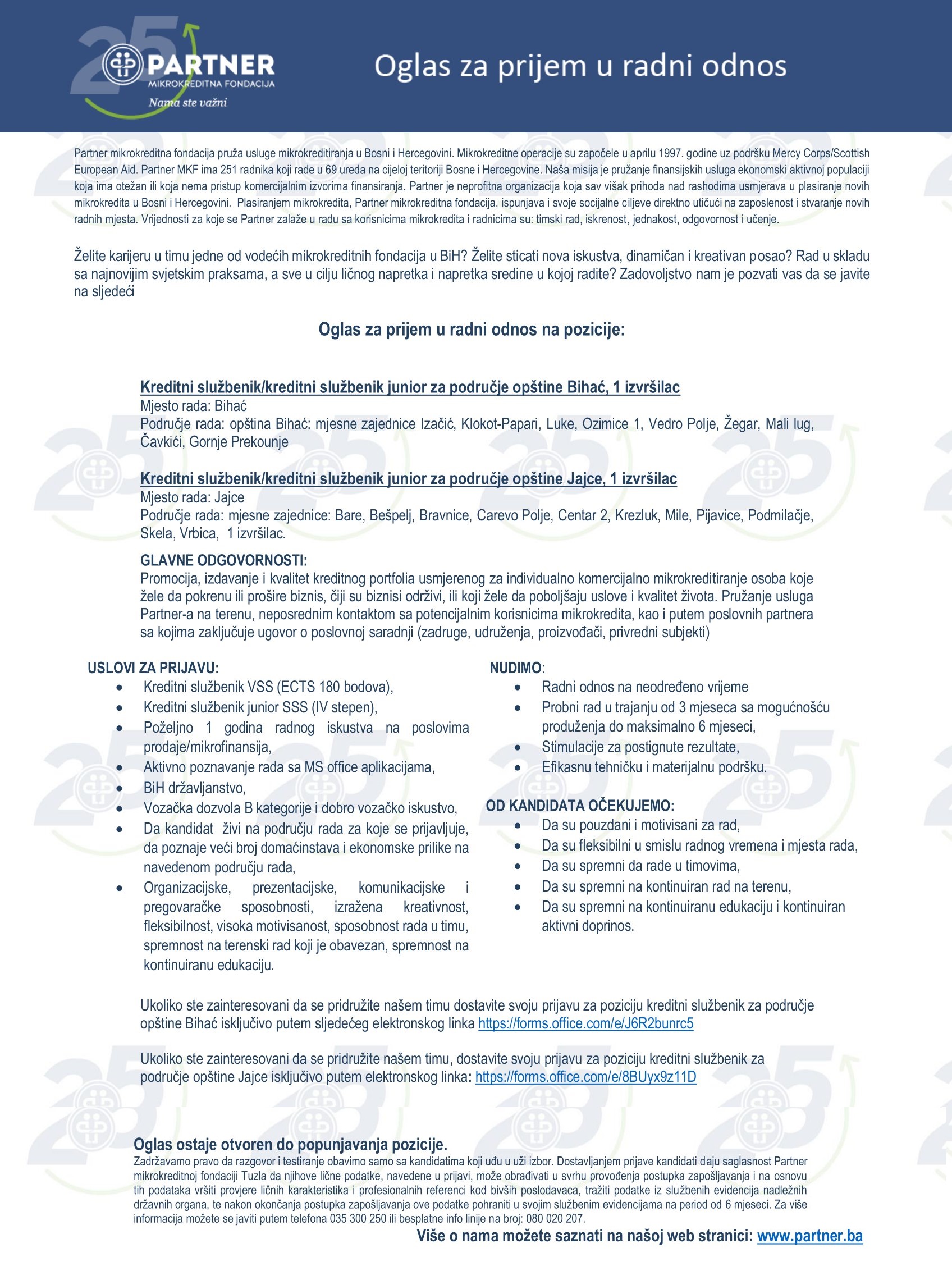 Kreditni službenik/kreditni službenik junior (m/ž) - Mikrokreditna fondacija Partner Kreditni službenik/kreditni službenik junior (m/ž)