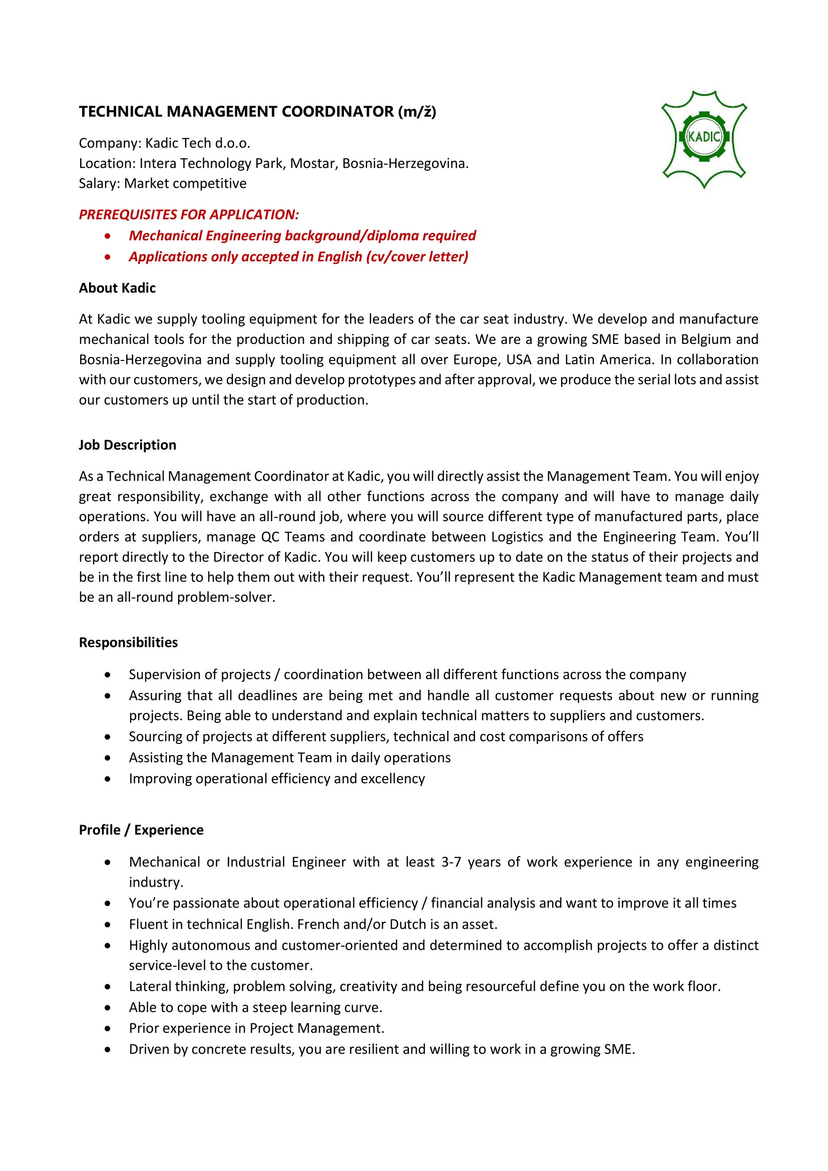 Technical Management Coordinator - Kadic Tech doo Technical Management Coordinator