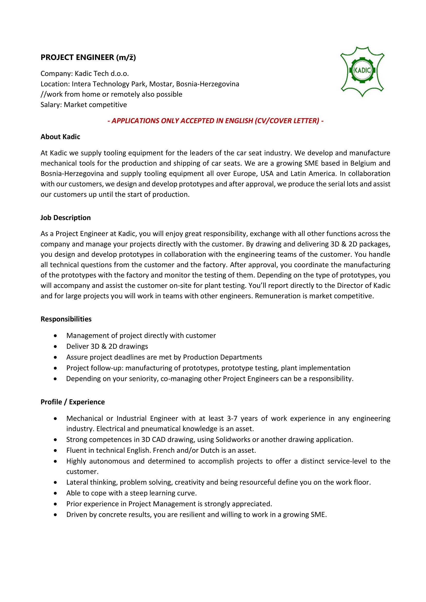 Project Engineer - Kadic Tech doo Project Engineer