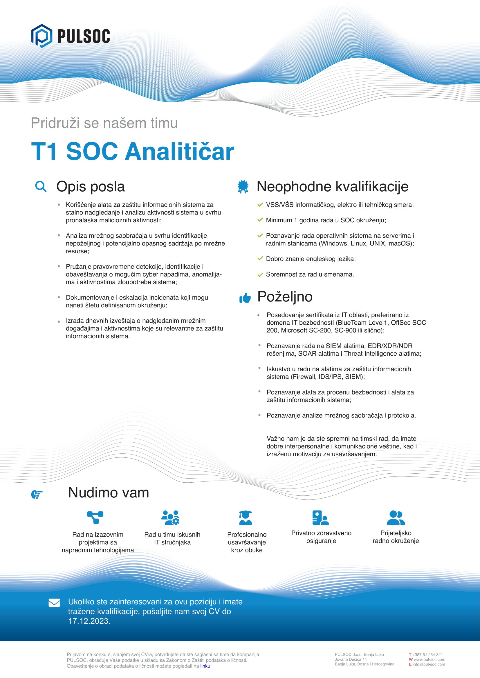 T1 SOC Analitičar (m/ž) - PULSEC T1 SOC Analitičar (m/ž)