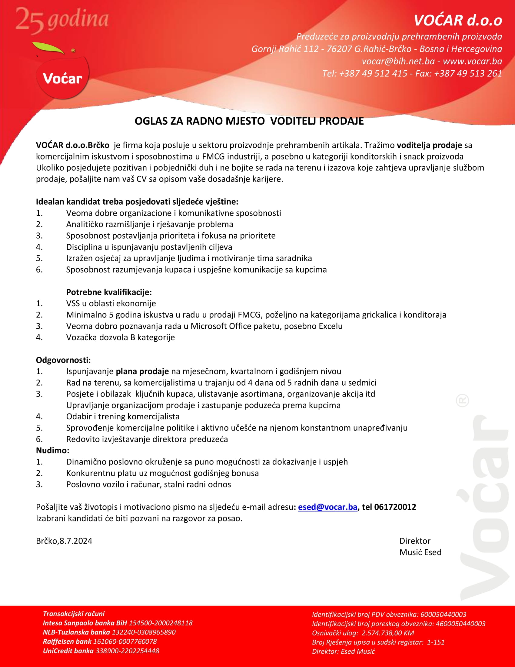 Voditelj prodaje (m/ž) - Voćar d.o.o. Brčko Voditelj prodaje (m/ž)