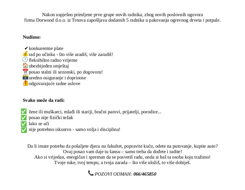 Radnici za pakovanje ogrevnog drveta i potpale (m/ž) - Dorwood d.o.o. Radnici za pakovanje ogrevnog drveta i potpale (m/ž)