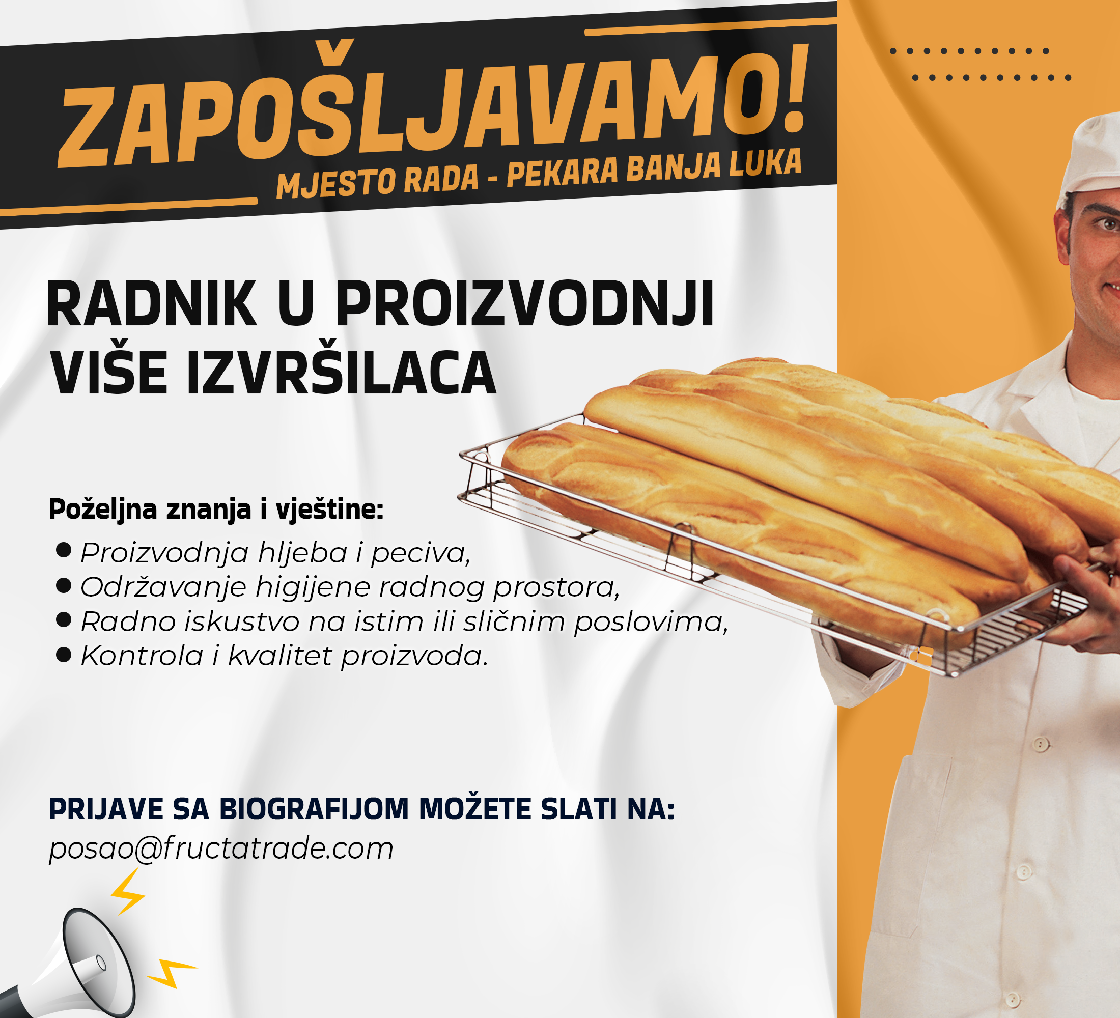 Radnik u proizvodnji - Pekar (m/ž) - Fructa Trade d.o.o Radnik u proizvodnji - Pekar (m/ž)