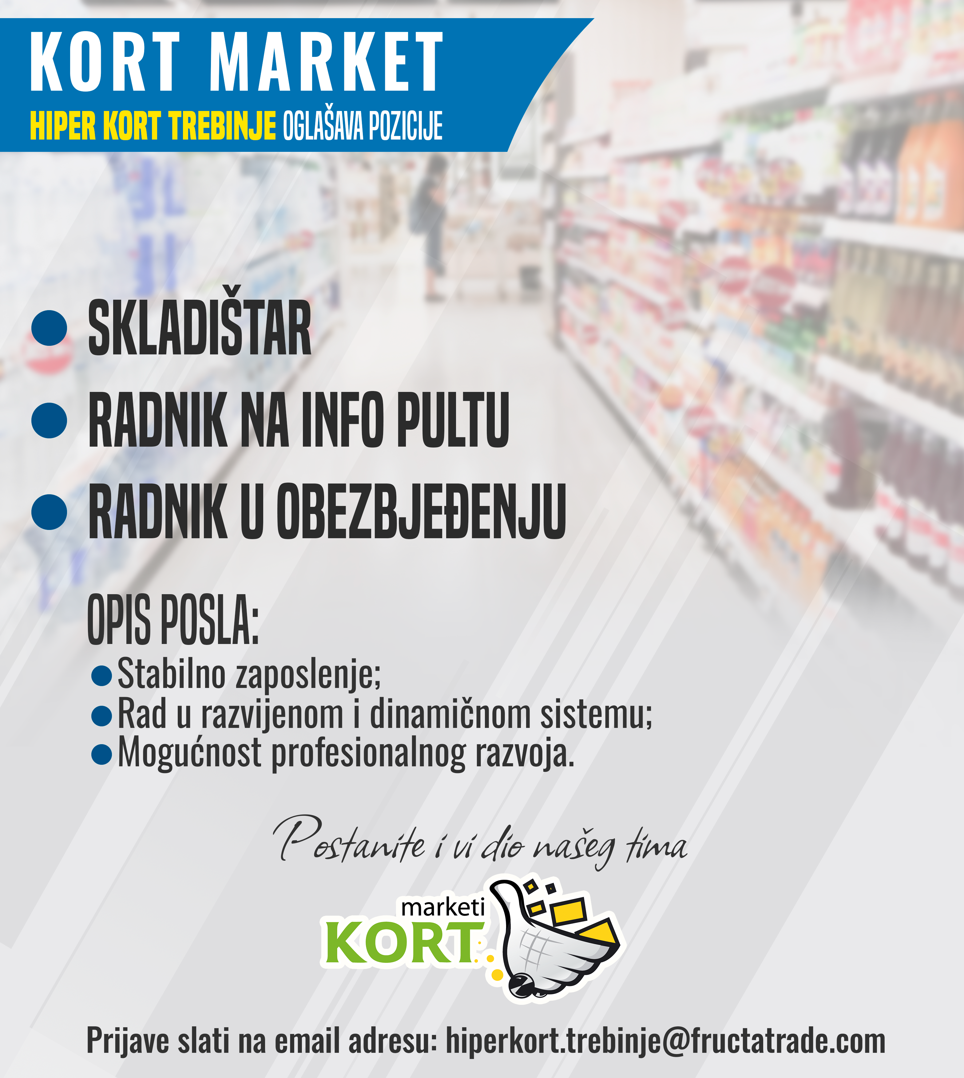 Skladištar / Radnik na info pultu / Radnik u obezbeđenju (m/ž)